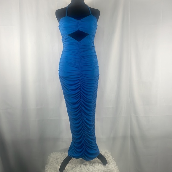 Blue ruched long maxi dress,cut out, peek a boo tube top, halter neck top - Picture 8 of 8